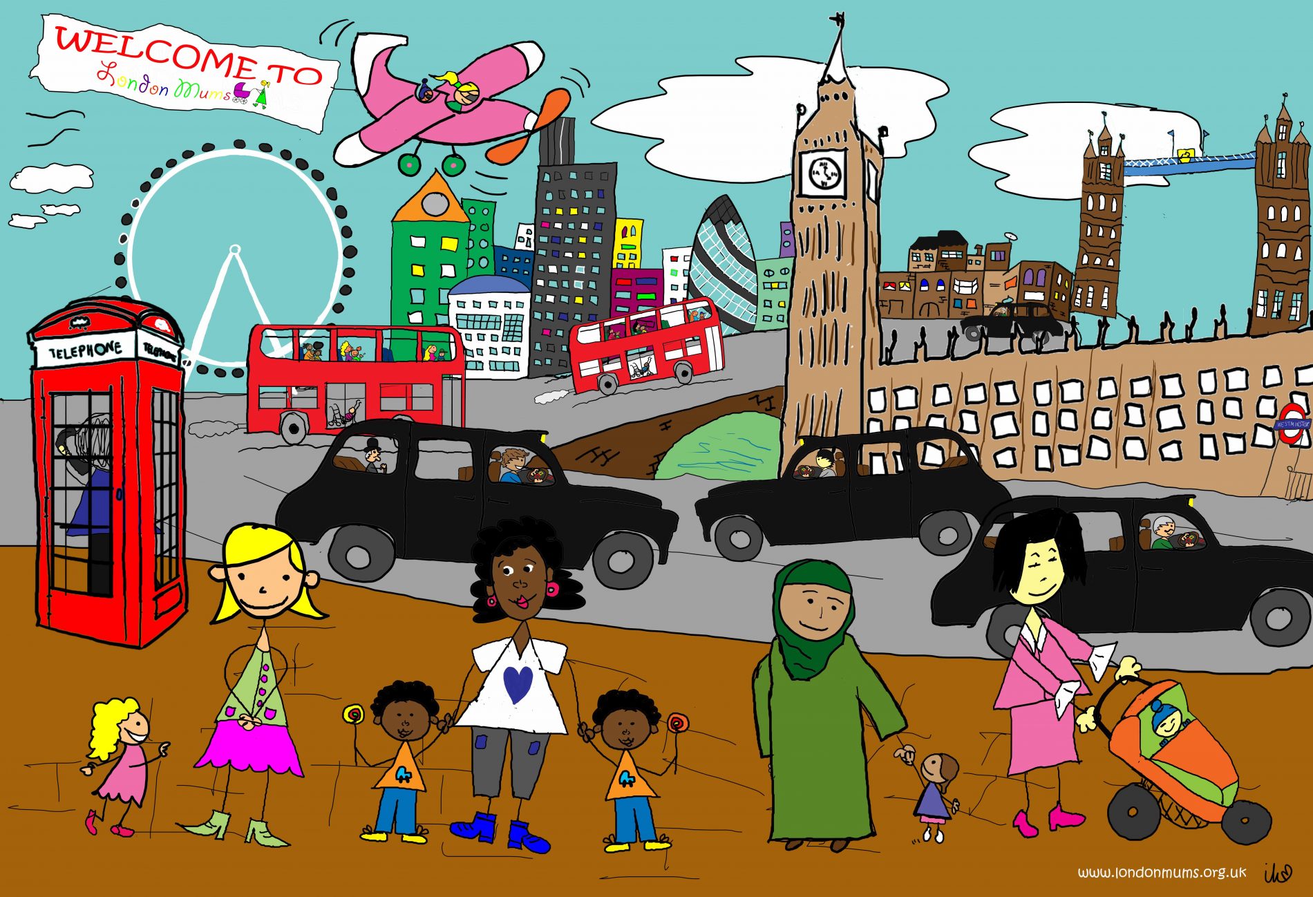 illustration showing multiracial London mums enjoying activities with children in the capital