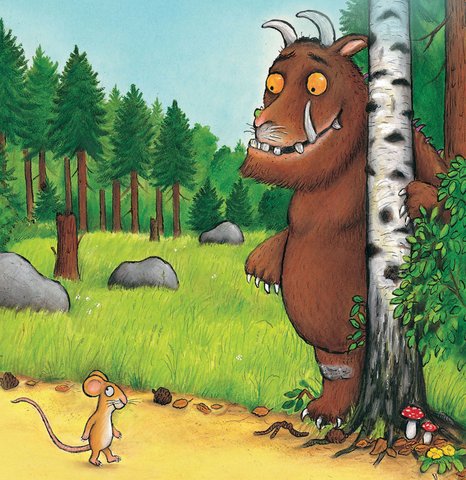 giant Gruffalo & tiny Mouse chatting in the forest 
