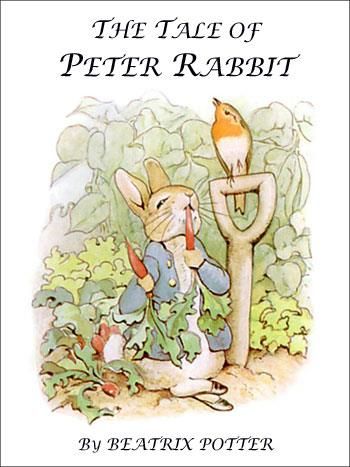 Children’s Book Cover for tale of peter rabbit eating a carrot near a robin