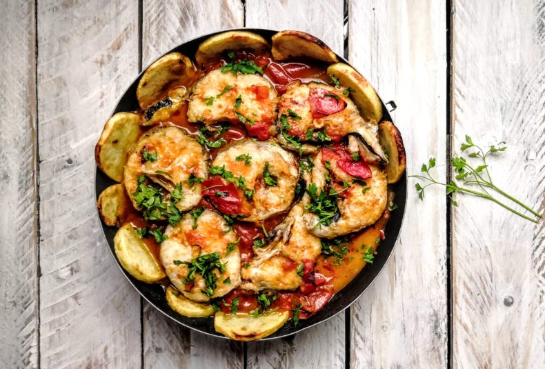 ROASTED HAKE WITH TOMATOES AND POTATOES - merluza al horno Spanish Recipe JAMON.CO.UK