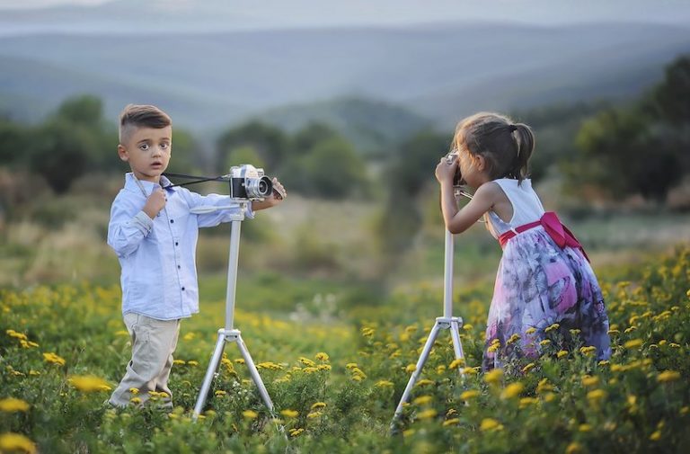 spring children outdoor taking photos