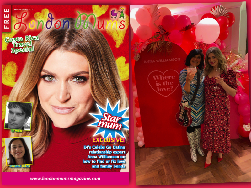 Anna Williamson wearing a red dress posing for mums magazine cover 