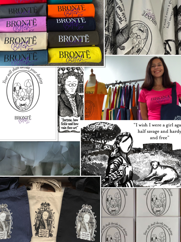 Collage of images of bronte inspired cards showing Rosalia Ferrara wearing a fuchsia shirt bronte bitch posing for mums magazine