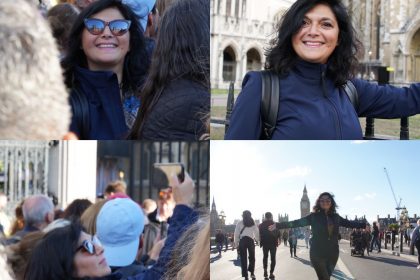 Monica Costa magazine editor in London locations Big Ben and Westminster for Queen Elizabeth funeral and mourning