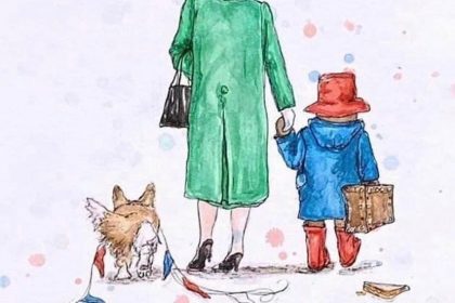 Illustration of Queen Elizabeth wearing a green coat holding hand of Paddington bear and corgi walking next to the monarch with blue and red bunting