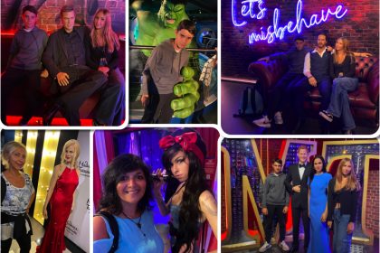 Teenagers posing for mums magazine at Madame Tussauds with wax celebrity figures