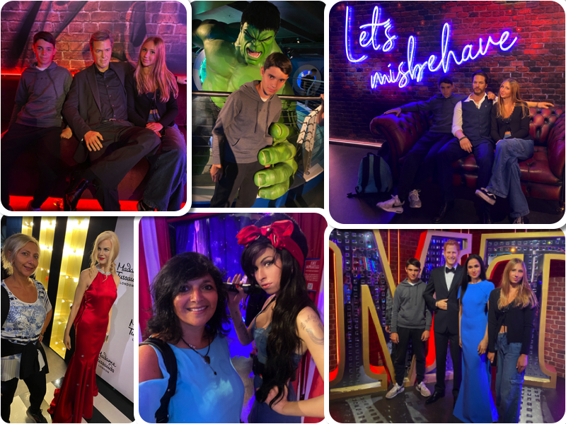 Teenagers posing for mums magazine at Madame Tussauds with wax celebrity figures 