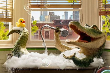 Lyle Lyle crocodile movie poster showing crocodile taking a bath and singing