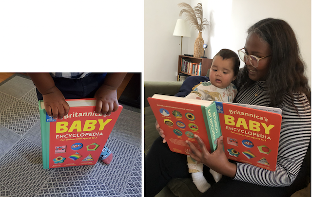 mums and baby reading Britannica’s BABY Encyclopaedia for curious kids aged 0 to 3 