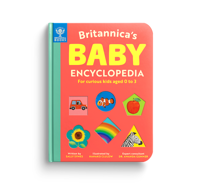 Book cover for Britannica’s BABY Encyclopaedia for curious kids aged 0 to 3 showing drawings 