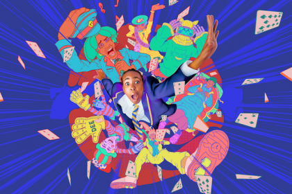 Alice in Wonderland in Brixton Panto poster with blue background