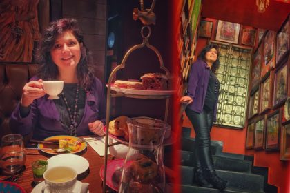 Monica Costa at Colonel Saab afternoon tea posing for London mums magazine