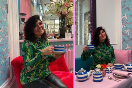 monica costa having Afternoon tea at Biscuiteers Belgravia while posing for London Mums magazine