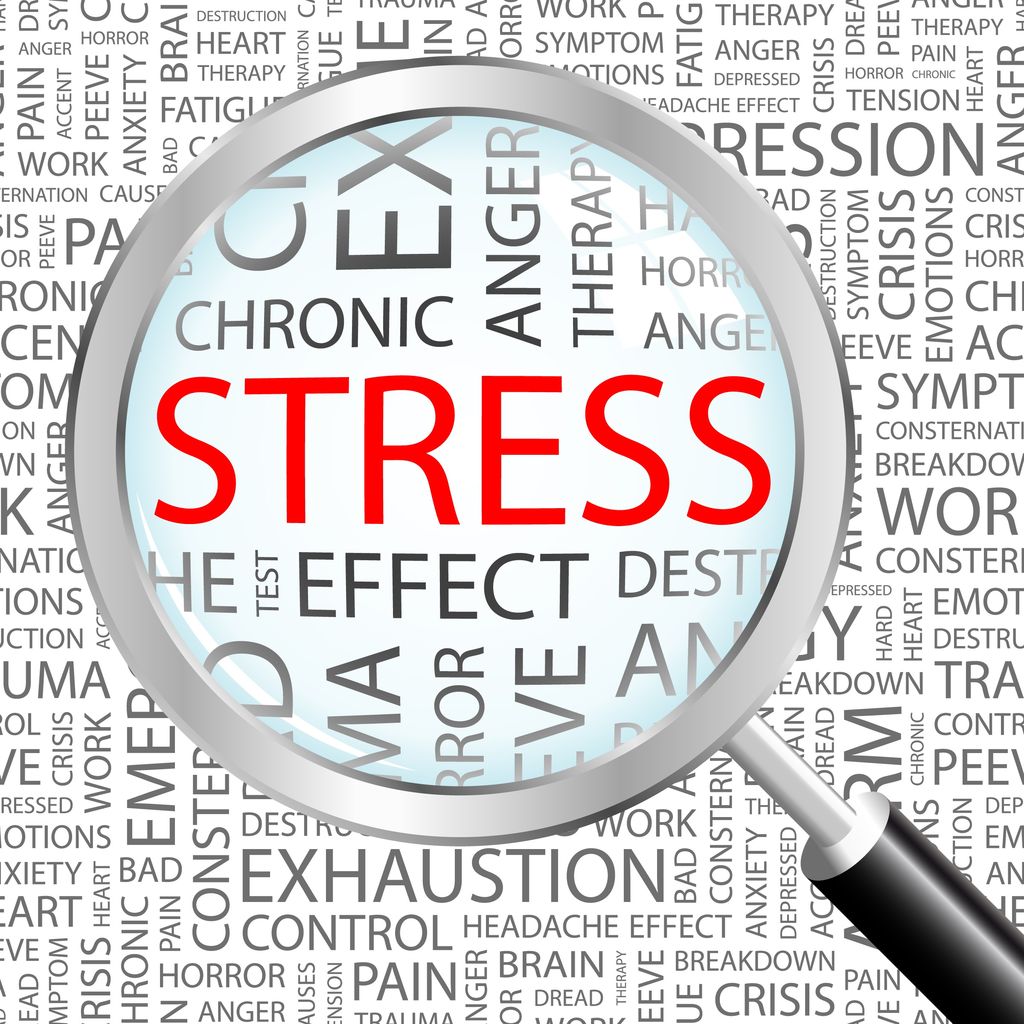 stress magnifying glass over background with different association terms. vector illustration.